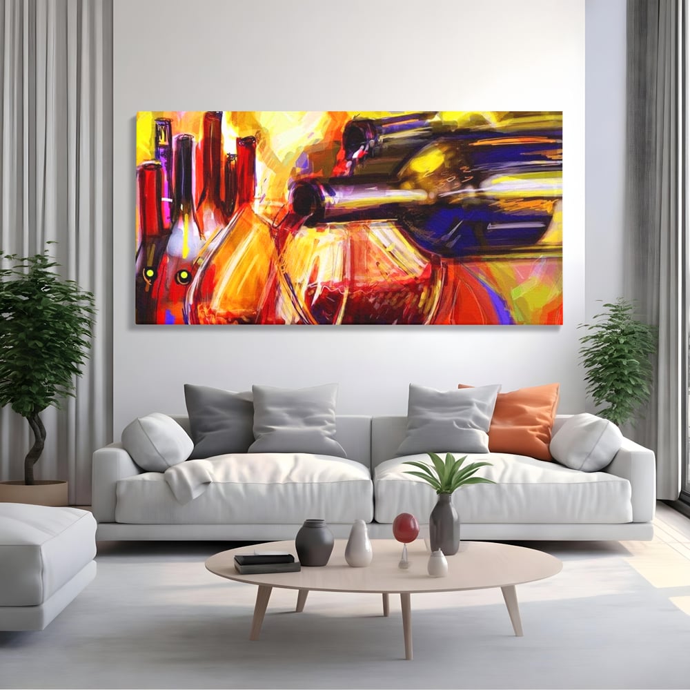 Tablou canvas cu pictura abstracta cu sticle si pahare de vin, fara rama, pe sasiu de lemn, pe perete intr-un living